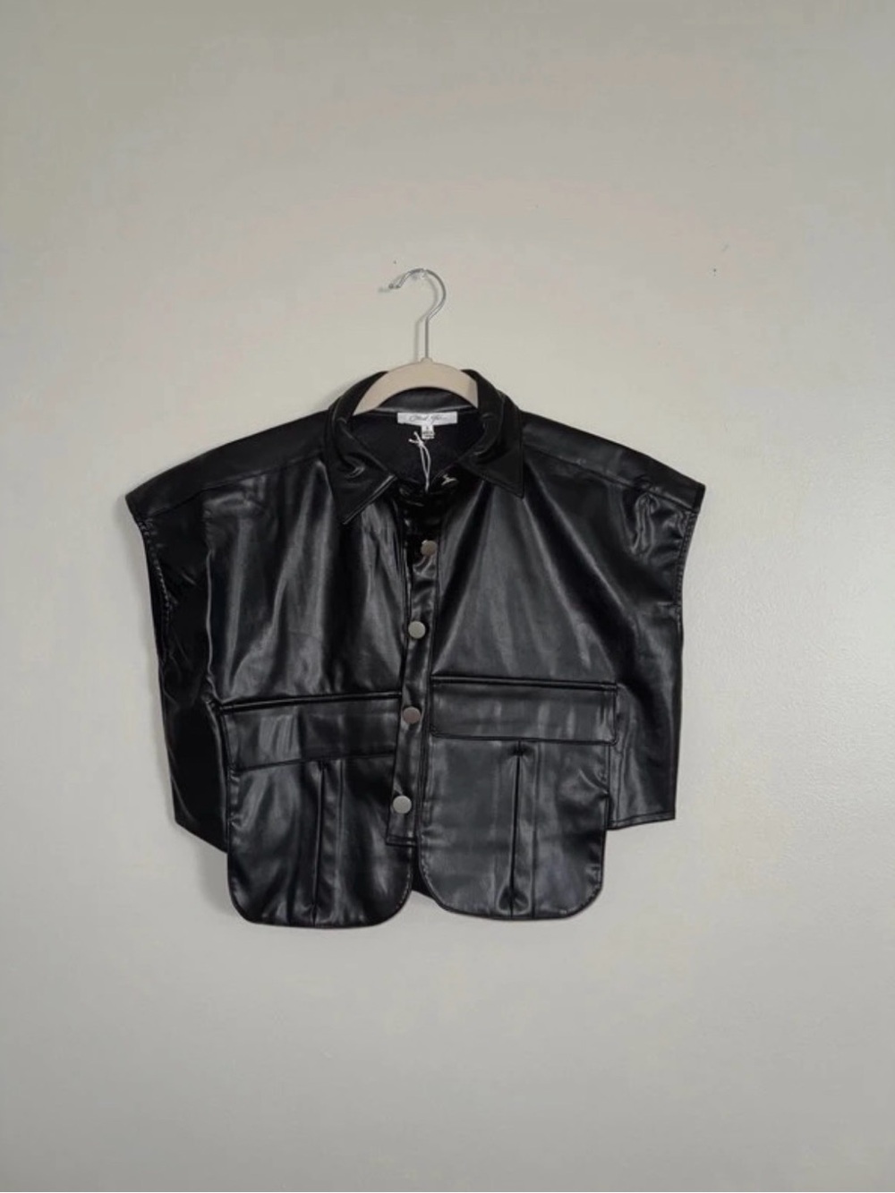 Black Vegan Leather Short-Sleeve Utility Vest